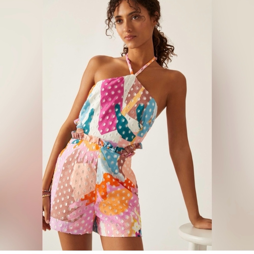 Hutch Multicolor Eyelet Romper Halter Shortalls New with tags 12 Anthropologie
